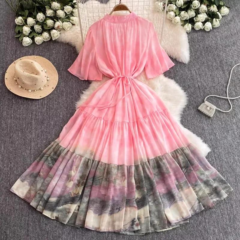 Temperament Stand Guler Rochie cu mâneci scurte evazate Femei Robă cu talie înaltă subțire 2024 New Ink Printr Rochii de femeie cu dantelă