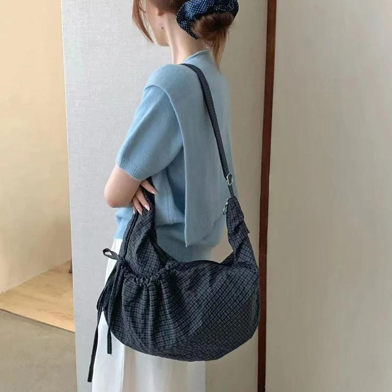 Fashi Plaid Shoulder Bag With Drawstring Design Women Outer Pocket Pleated Zipper Handbag Student Daily Commute Crossbody Bag