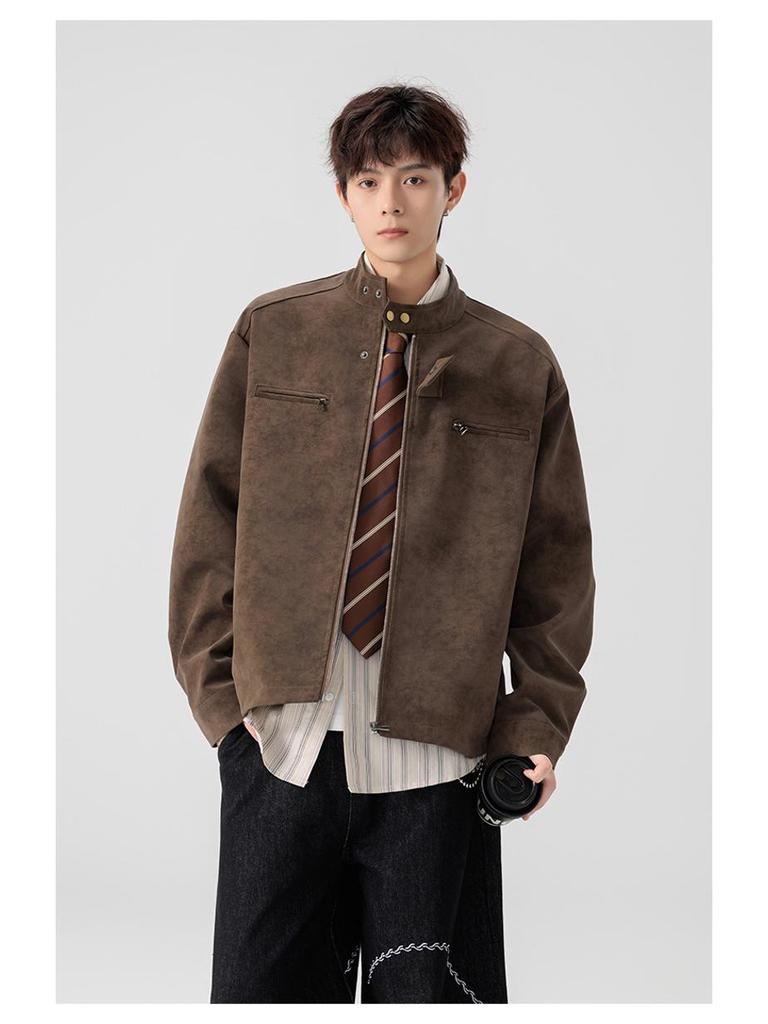 Men's Retro American Tie-Dye PU Leather Jacket - Warm, Trendy, Stand-Up Collar for Autumn