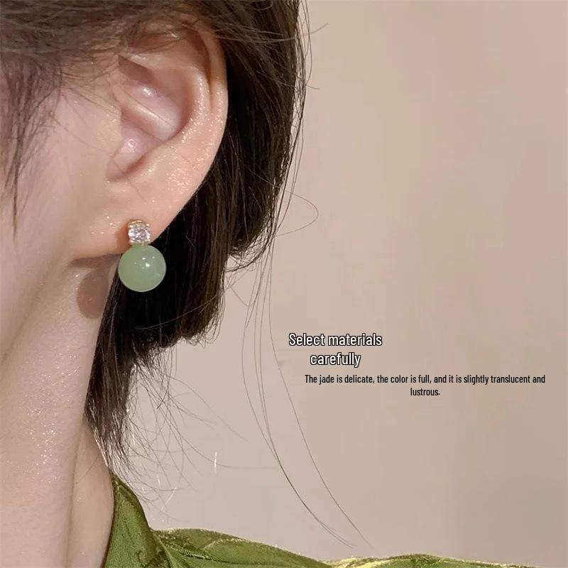 S925 Sterling Silver Needle Hetian Jade Moissanite Stud Earrings - Women's High-End Chinese Style Green Round Bead