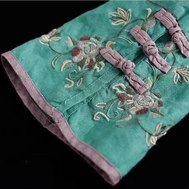 Chinese Style Retro Cotton and Linen Shirt Women's Spring and Summer Chinese Style Stand-up Collar Buttoned Top Embroidered Tea Dress