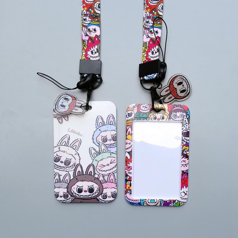 Roztomilý kreslený držák na kartu labubu se šňůrkou, studentská karta na jídlo, kampusová karta, karta na autobus a držák na ID kartu