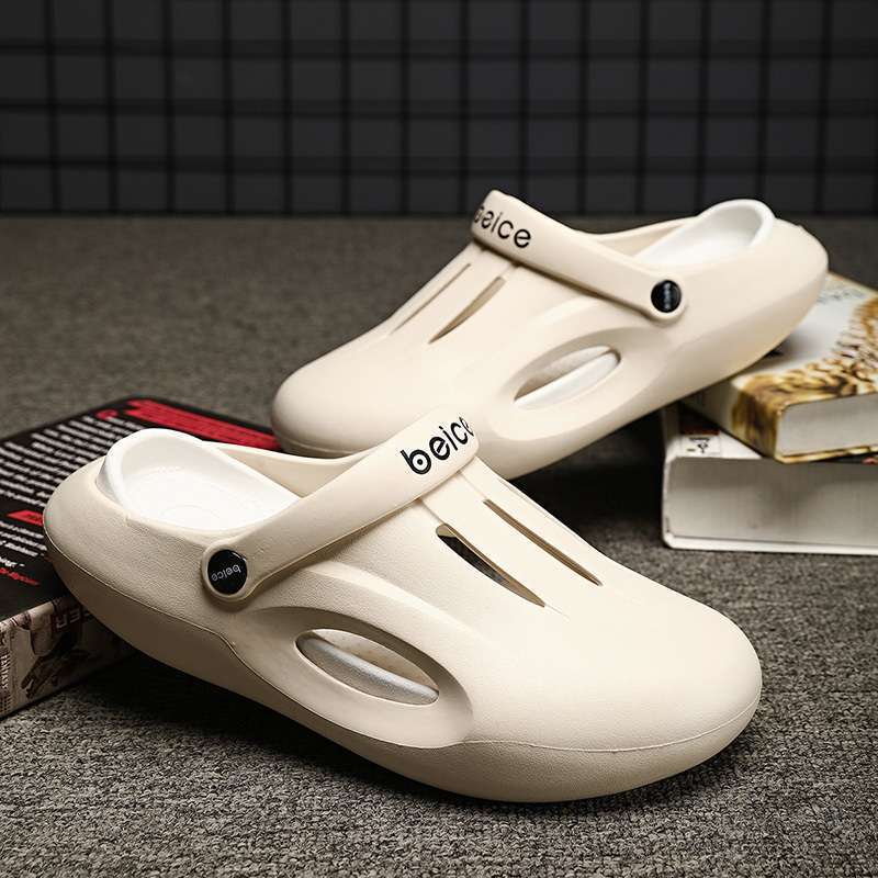 

Мужские тапочки баотоу для ношения на улице летом, нескользящие дырчатые туфли для ходьбы по дерьму, мужские сандалии на каблуке для спорта и отдыха 45 бежевый