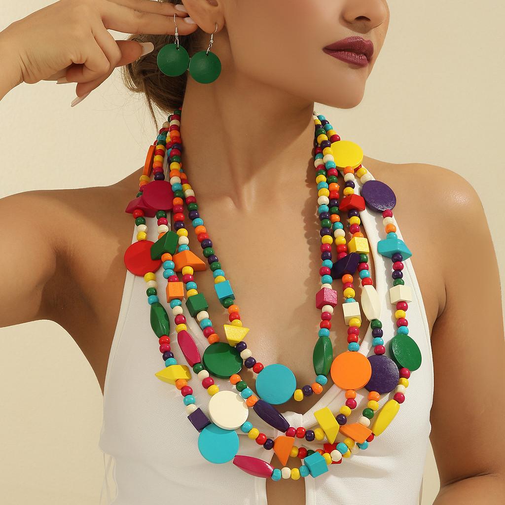 Bohemian Colorful Wooden Beaded Multilayer Necklace For Women
