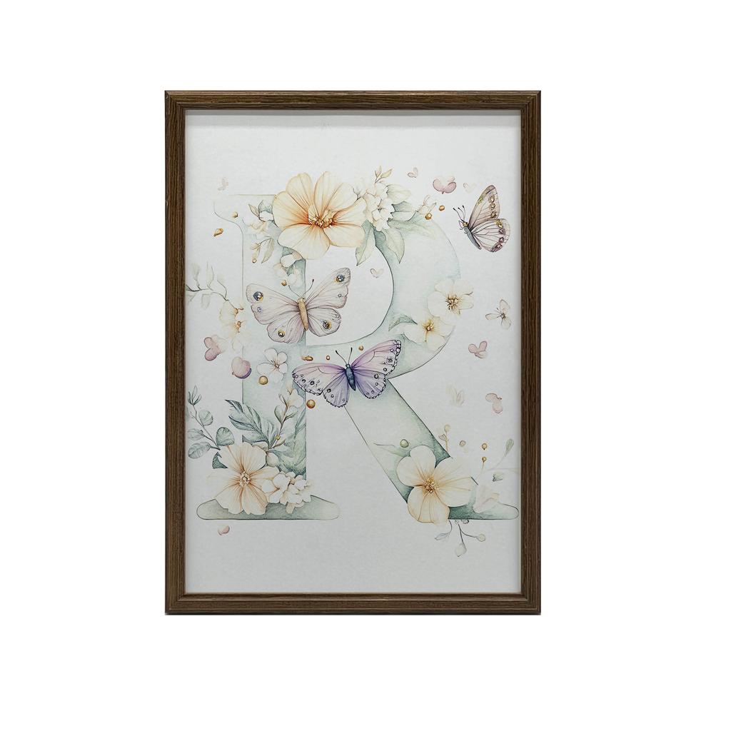 Plakat Literka "R" W Kwiatach I Motylach Plakat Literka "R" W Kwiatach I Motylach, 30X40 Cm, Bez Ramy, Płótno Premium Na Blejtramie