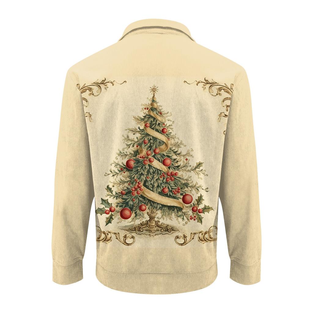 Men's Christmas Cotton Pullover Long Sleeve Outdoor Shirt Vintage Corduroy Button Stand Collar Shirt Casual Sweatshirt Christmas Print Top