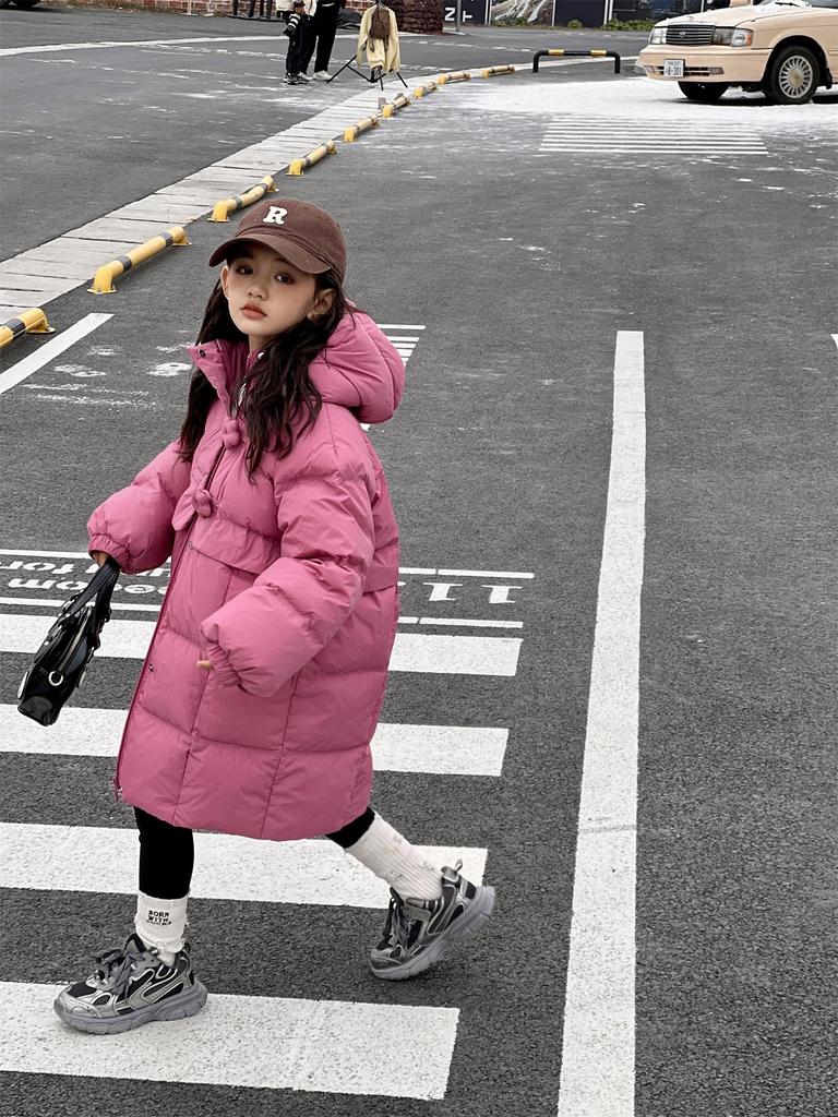 2025 Winter Girls' Warm Mid-Length Solid 90% White Duck Down Puffer Jacket