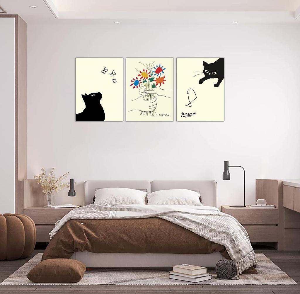 Picasso Cat Painting: Cat and Friendship Flowers, 3-Panel Art Poster, Decorative Painting for Living Room, Sofa Background, Wall Decor, with Wooden Fr