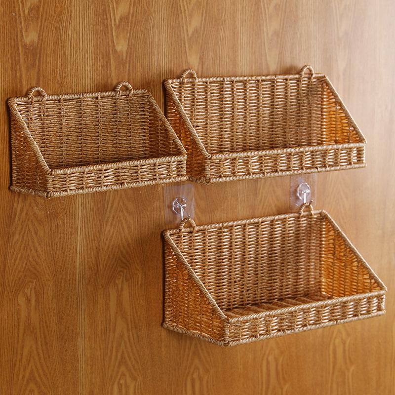 Wall Mounted Woven Storage Basket Punch Free Bathroom Organizer Imitaion Rattan Floating Shelf Toiletries Cosmetics Storage Rack with Adhesive Hooks