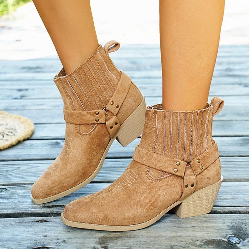 Foreign trade new elastic band thick heel short Martin boots women's cross-border retro style round head middle heel fashion rivet short boots