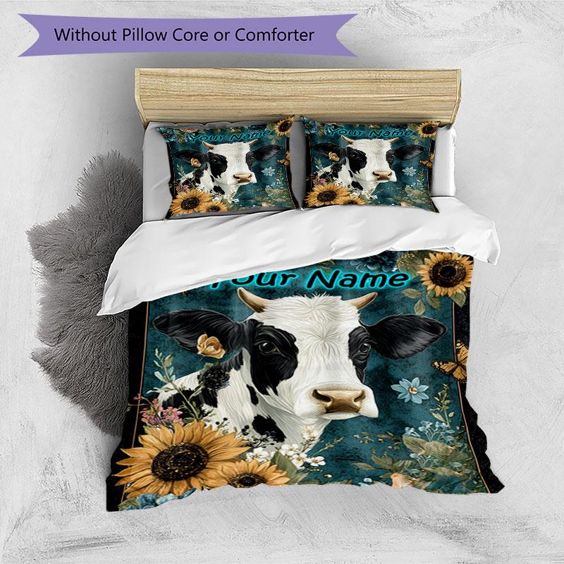 3pcs Custom Name Cow Portrait Flowers Bedding Set Printed Bedding Set Duvet Cover Closure Includes 1 Duvet Cover & 2 Pillowcases Bedroom Decor