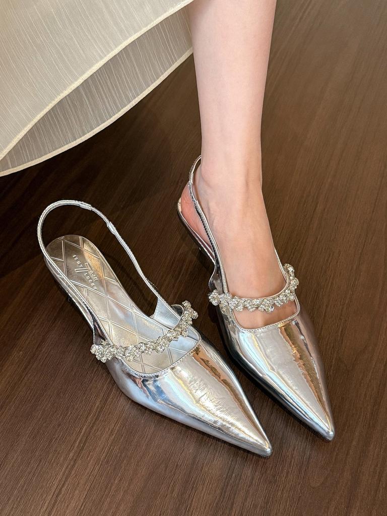 Cold temperament! Silver pointed tip with rhinestone high heels women's shallow mouth rear empty sandals