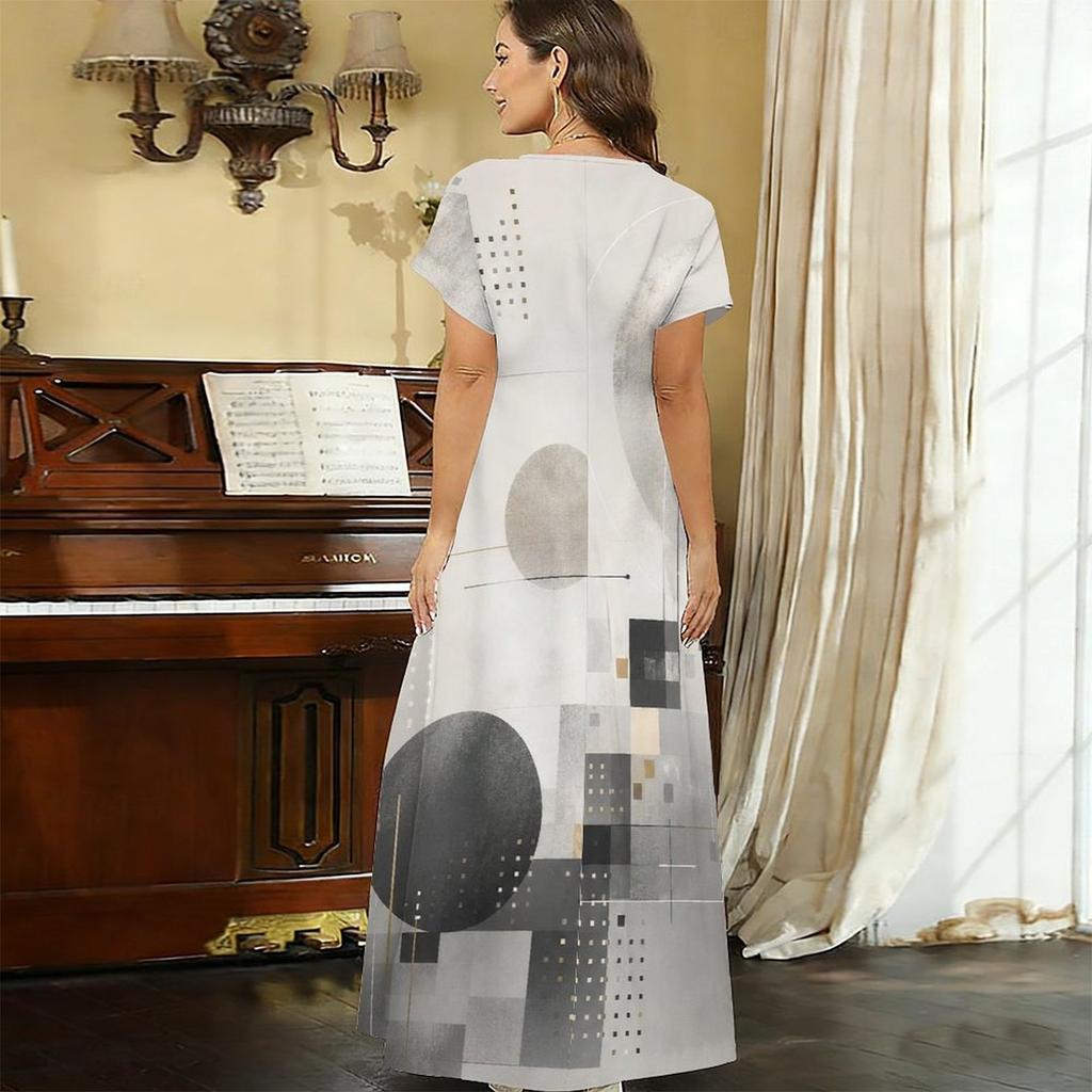 Women Plus Size V Neck Short Sleeve Geometric Printed Straight Maxi Dress