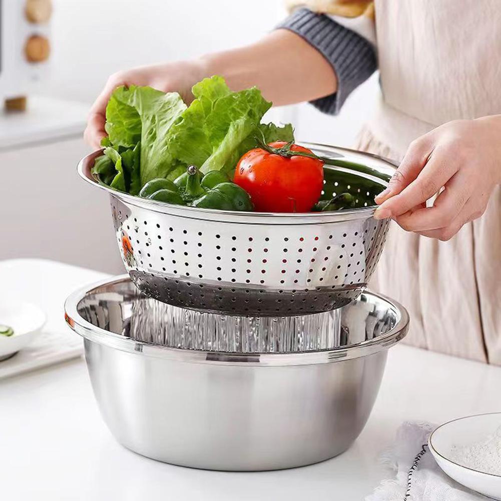 3-Piece Set Thickened Grater Bowl Drain Basket Stainless Steel Vegetable Fruit Drain Filter Basket Rice Rinser Dough Mixing Bowl
