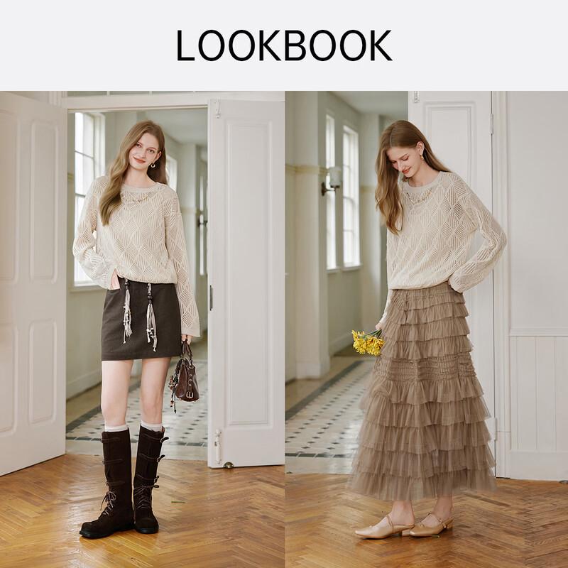 Women's French Style Hollow Knit Long-Sleeve Sweater