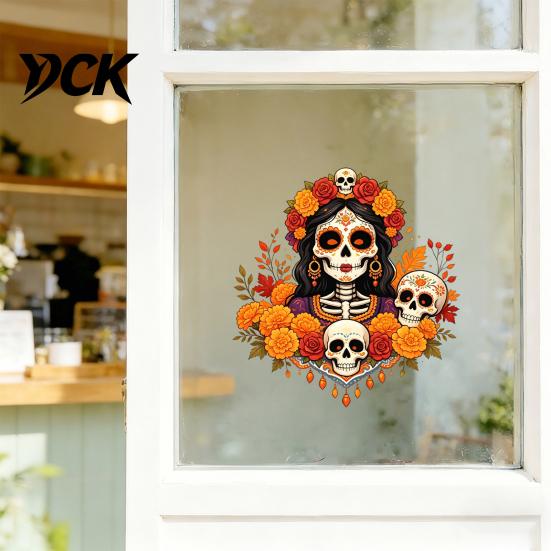 Waterproof PVC Window Murals Day of The Dead Clings, Dia De Los Muertos Sticker, Colorful Removable Holiday Glass Clings Sugar Skull with Flowers