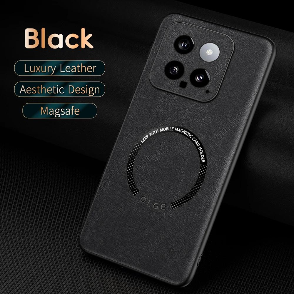 For Xiaomi 14 14 Pro Fine-Hole PU Cow Pattern Leather Outer Magnetic Ring Soft Edge Anti-Drop Phone Case