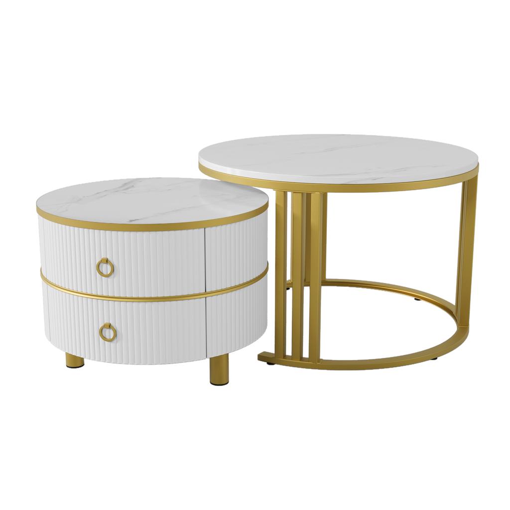 2-in-1 Runder MDF-Couchtisch, Beistelltisch mit glänzender Oberfläche und weißer Marmorplatte, Wohnzimmertisch-Kombination mit 2 Schubladen, 70*70*46 + 50*50*40 cm