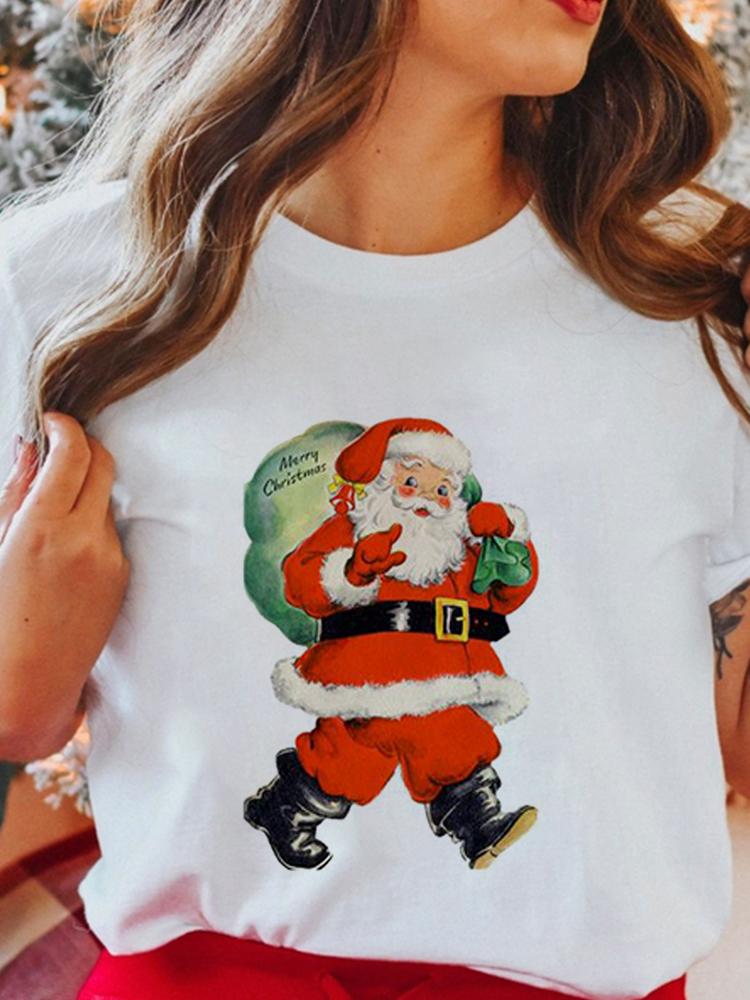 Women's Tops Christmas Short Sleeve Tees Female Summer Beach Funny Cartoon Santa Reindeer Printed T-Shirt Regular Graphic Female