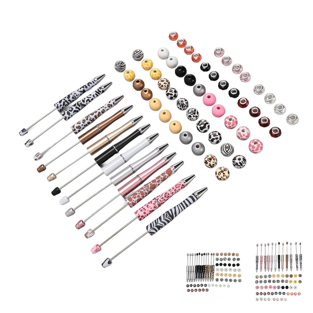 12 Sets Beadable Pens Kit Assorted Bead Pens Leopard Cow Print Bead Ballpoint Pen for Kids Stude