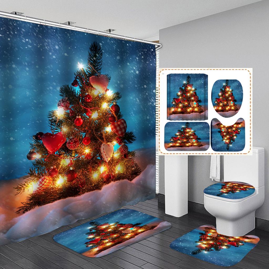4-teiliges Duschvorhang-Set mit Weihnachts- und Weihnachtsbaum-Serie für Badezimmer, rutschfeste Badezimmerteppiche, Deckel, Toilettendeckel, Badematte