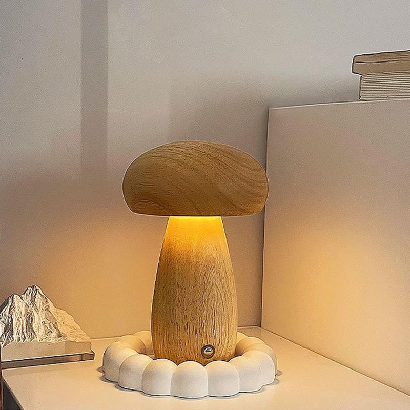 Dřevěné houby Noční světlo Dotykový spínač Ložnice Noční stolní lampa Ořech Buk Dřevo Teplé stmívatelné stolní světlo USB nabíjecí