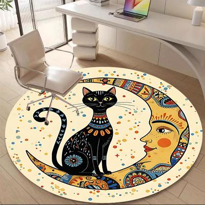 1PCMoon Cat Office Round Area Rug, Mat Suitable For Office, Under Office Chairs Bedroom Living Room Home Decor, Room Deco