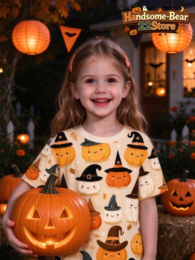 Kids Halloween Girls T-Shirt Pink Leopard Print Ghost Pumpkin Spider Bat Graphic Tee Short Sleeve Casual Top for Halloween Party