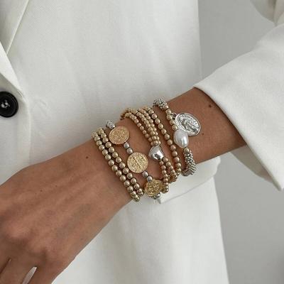 Salircon 6 Pcs/Set Boho Imitation Pearls Heart Pendant Bracelets Women Stacking Mixed Color CCB Beaded Bangle Charm Jewelry Gift