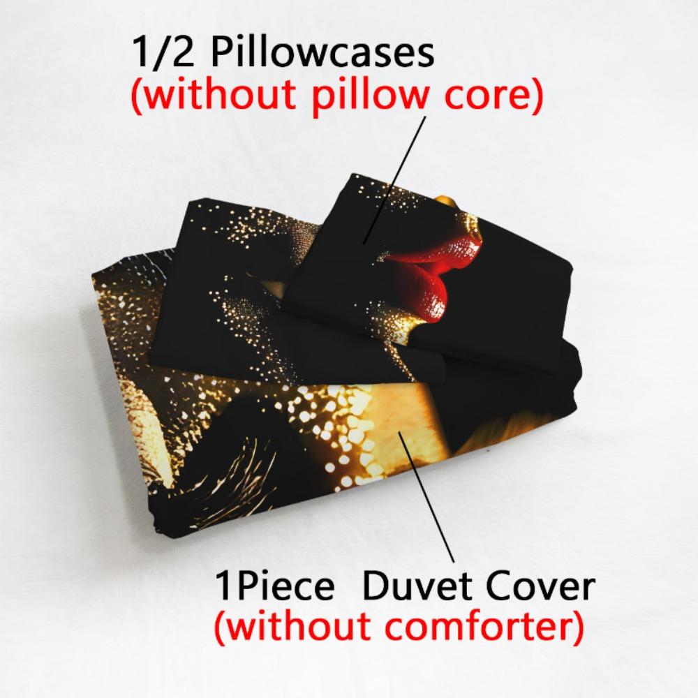 3pcs Black Beding Set Beautiful Red Lips Printed Cozy Soft Duvet Cover Set King Quen Twin Single Sized Dimensions Birthday Gift Bedrom Decor