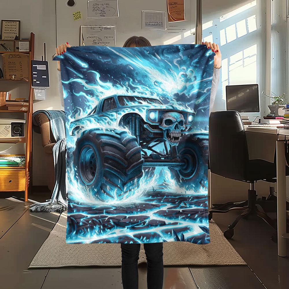 1Pc BadBeastTruck Print Flannel Blanket, High Quality Comfortable for All Seasons, Home Decor, Warmth and Comfort, Perfect for Christmas Gifts
