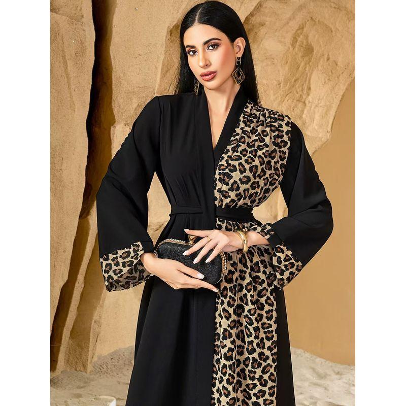 New Patchwork Leopard Print Cardigan Lace-up Robe Dress Splicing Leopard Print Dress