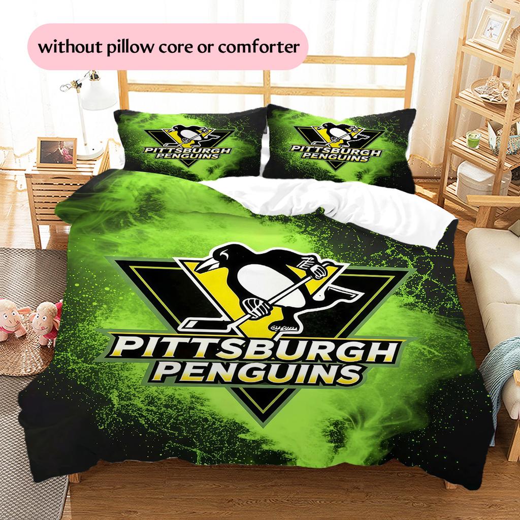 Pittsburgh Penguins Pattern Bedding Quilt Set Home Decoration Gift (1 * Duvet Cover + 2 * Pillowcase Without Core)