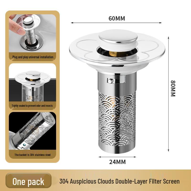 Universal Anti-Clog Push-Type Wash Basin Drain Filter and Deodorizing Stopper