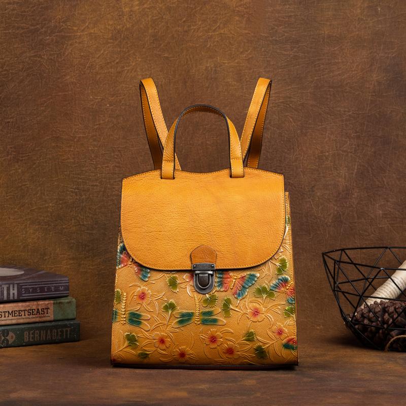 Cowhide Backpack Multi-purpose Chinese Style Retro Embossed Bag Vegetable Tanned Leather