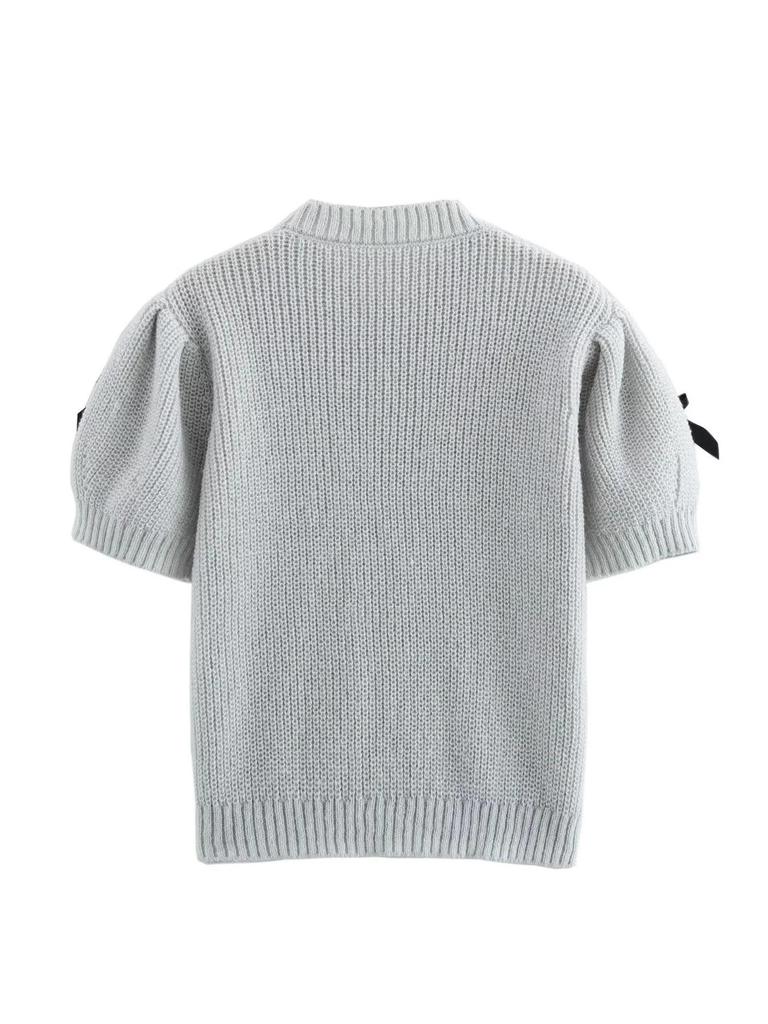 Dámský ležérní svetr s kulatým výstřihem a krátkým rukávem s mašlí, jednobarevný, jaro/léto 2025