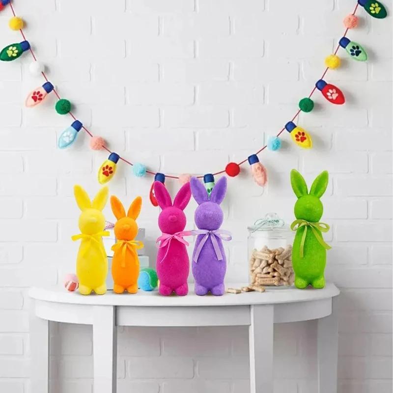 Standing Easter Bunny Decor with Bow Flocked Rabbit Figurine - Premium Material Craft Cute Design Festive Atmosphere Decoration