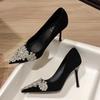 Fashion Autumn Fashion Women Shoes Velvet Thin Heel Pointed Toe Pumps Luxury Bling Sandals Wedding Party Glitter Diamonds High Heels