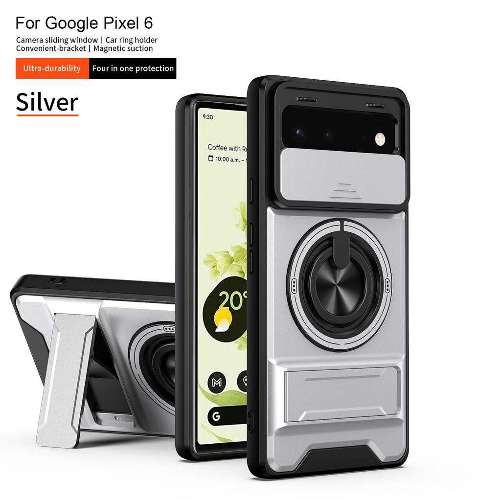 Slide Camera Cover Compatible for Google Pixel 6 Case With Built-in Ring Stand and Folding Stand