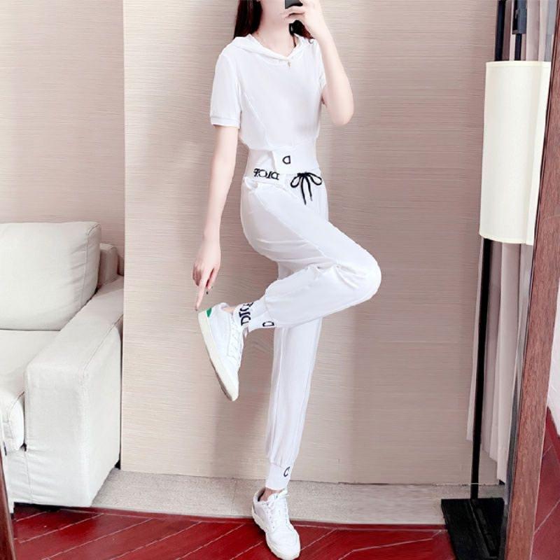 

Women Casual T Shirt Pant Sets Elegant Pink O Neck Short Sleeve T-Shirt + Drawstring Loose Trousers Sport Suit 2XL білий