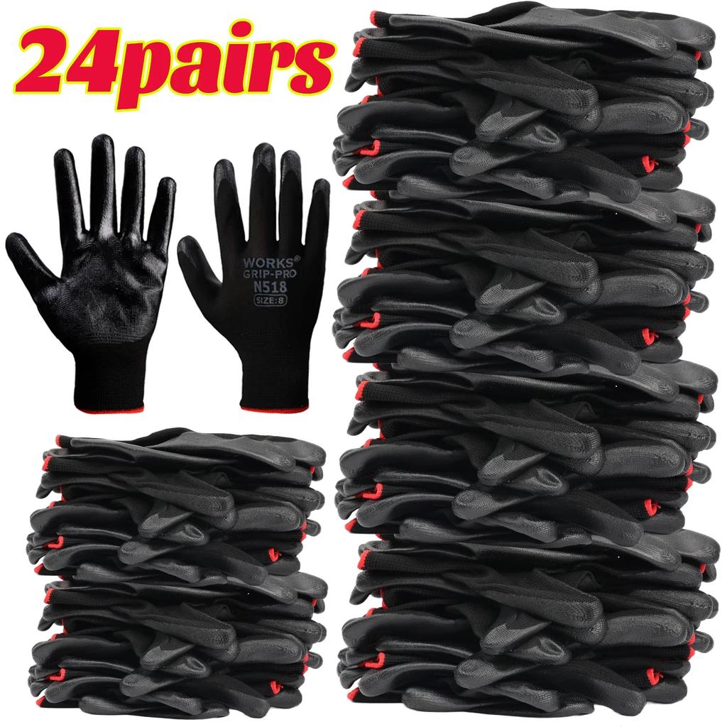 24PAIRS Nylon Safety Working Gloves Nitrile Coated Builders Excellent Grip Gardening Grip Industrial Protective Working Gloves