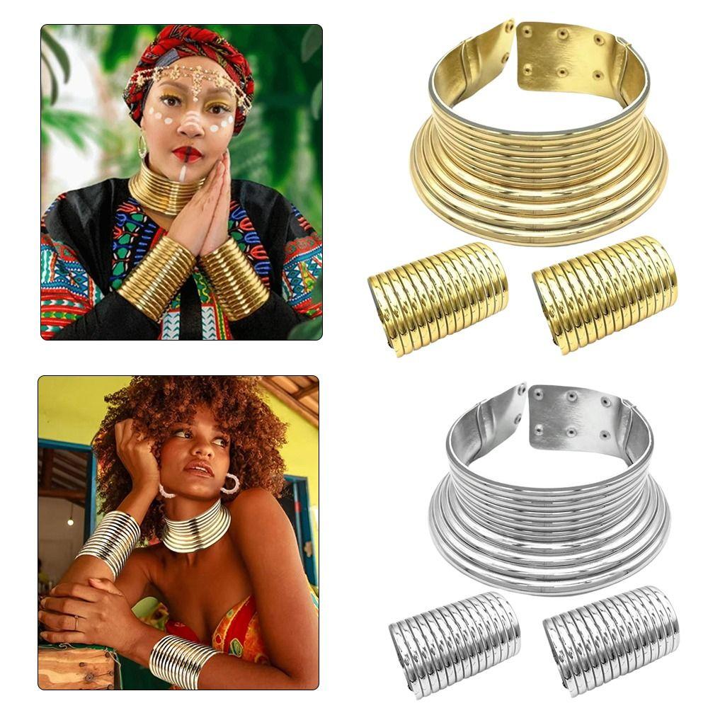 3 PCS Large African Collar Bracelet Set Vintage Statement Choker Necklace Ladies Personality