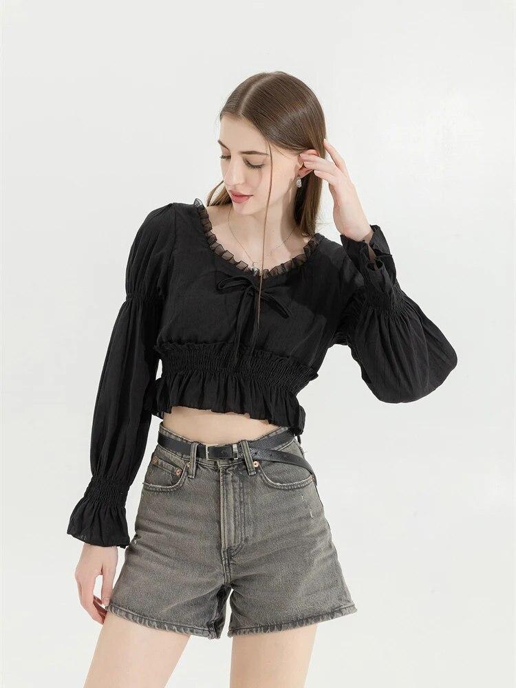 French Pleated Lantern Long Sleeve Shirt Women New Vintage White Square Collar Blouse Tops Female Korean Fashion Desidn Casual Clothing 2024