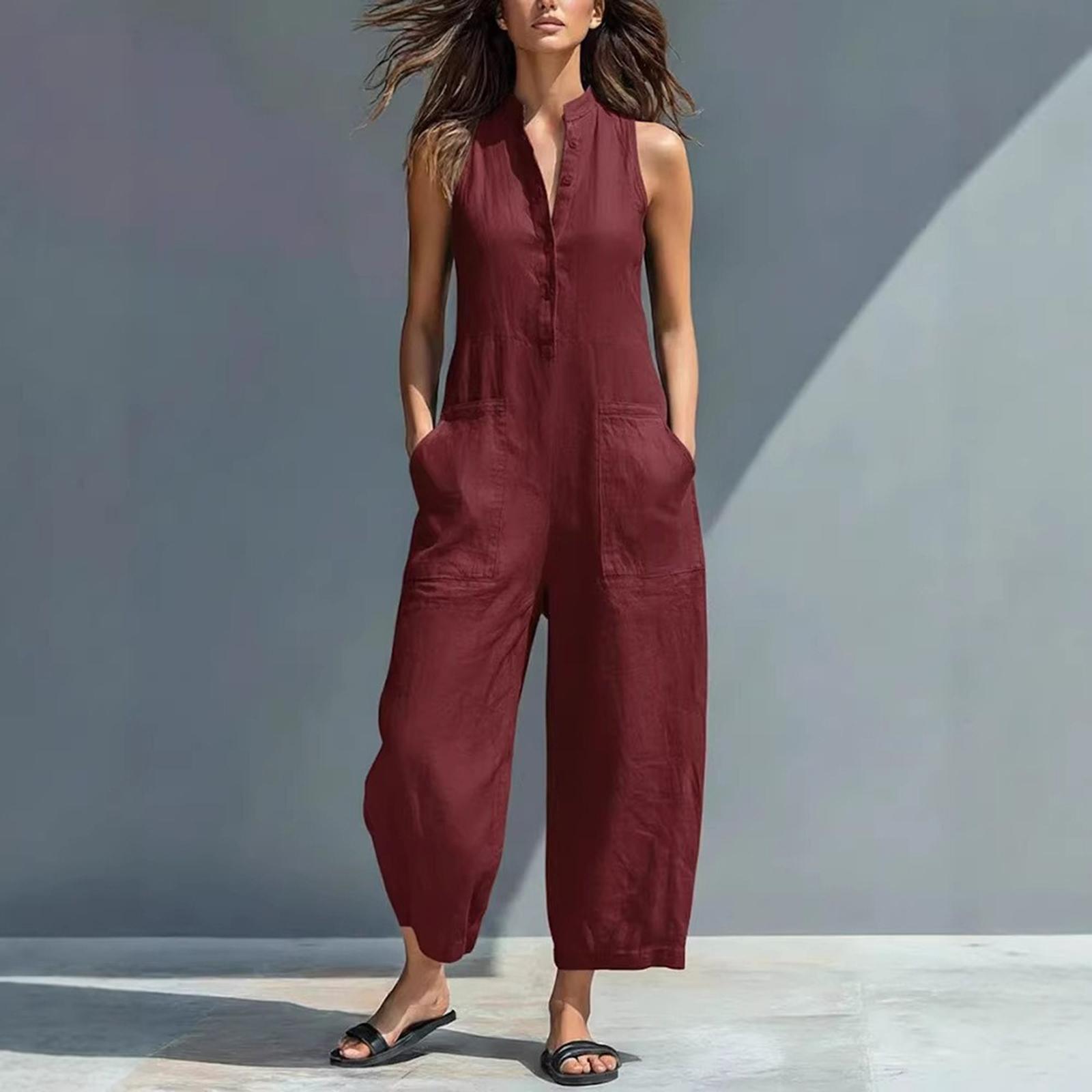 Women s Fashionable And Casual Buttoned V-neck Sleeveless Pocket Jumpsuit S