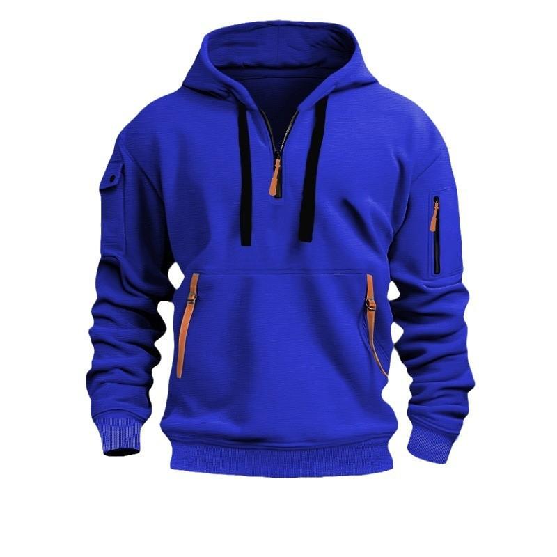 Mens Winter Hooded Zip-Up Sweatshirt With Multiple Pockets Loose Fit Cotton Blend Sport Casual Pullover