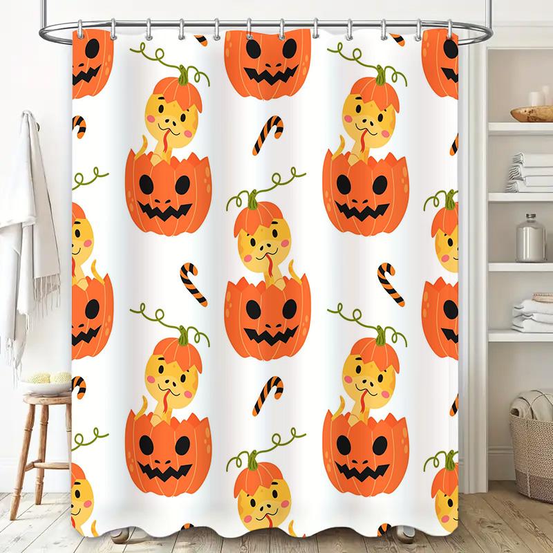 Unframed Halloween-Themed Pumpkin Shower Curtain Set Featuring Cute Cartoon Pumpkins Washable Fabric Bathroom Accessories With C