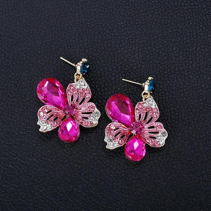 Multicolor Earrings with Matching Necklace Fashion Bauhinia Flowers Crystal Zircon Set Wedding Necklace Women Zircon