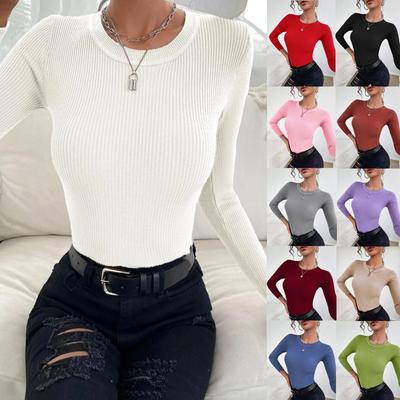 Mode Herbst Winter Frauen Langarm Rundhals Schlank Rippen Stricken Pull Pullover Femme Tops