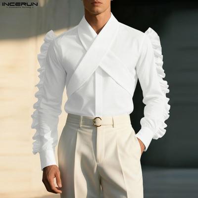 Elegant Oversized Men Front Cross Neck Long Sleeve Ruffled Casual Loose Shirts