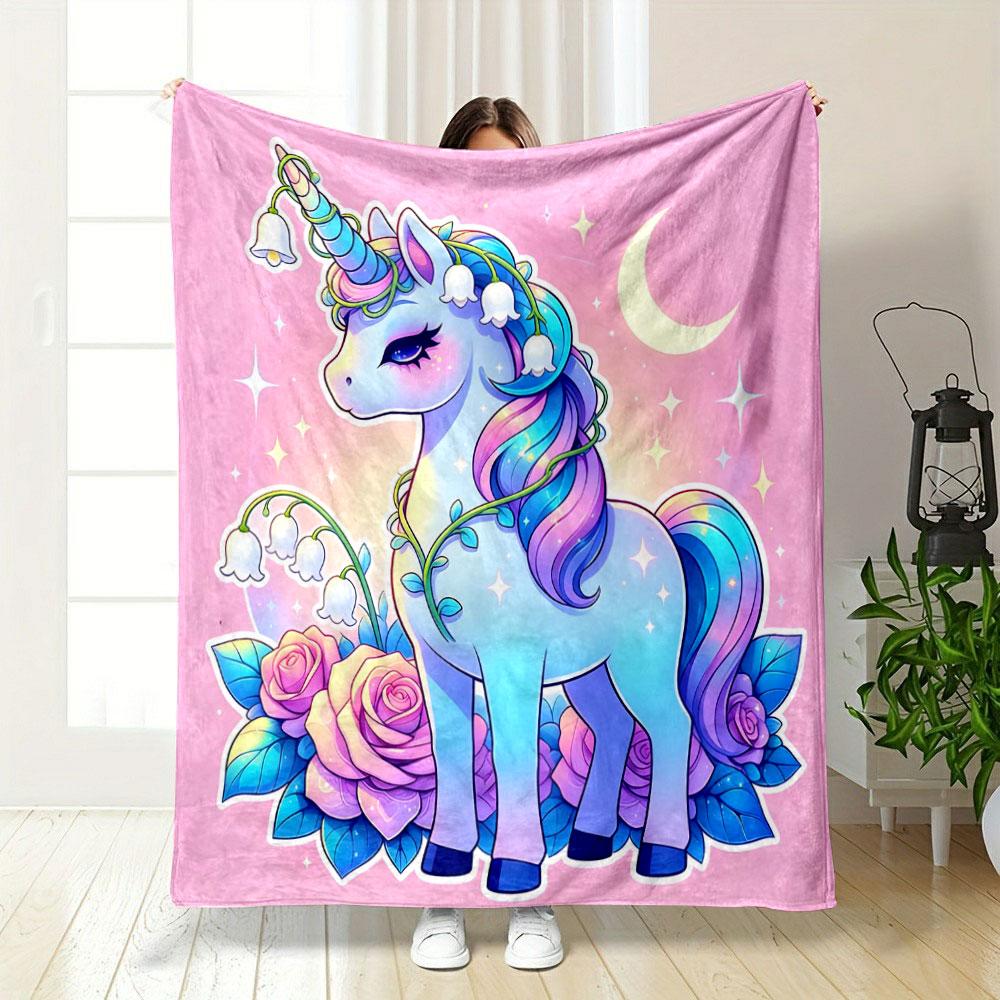 1PC Unicorn Flower Pink Background Print Warm Comfortable Blanket Home Travel Camping for Adults and Kids Luxury Gifts